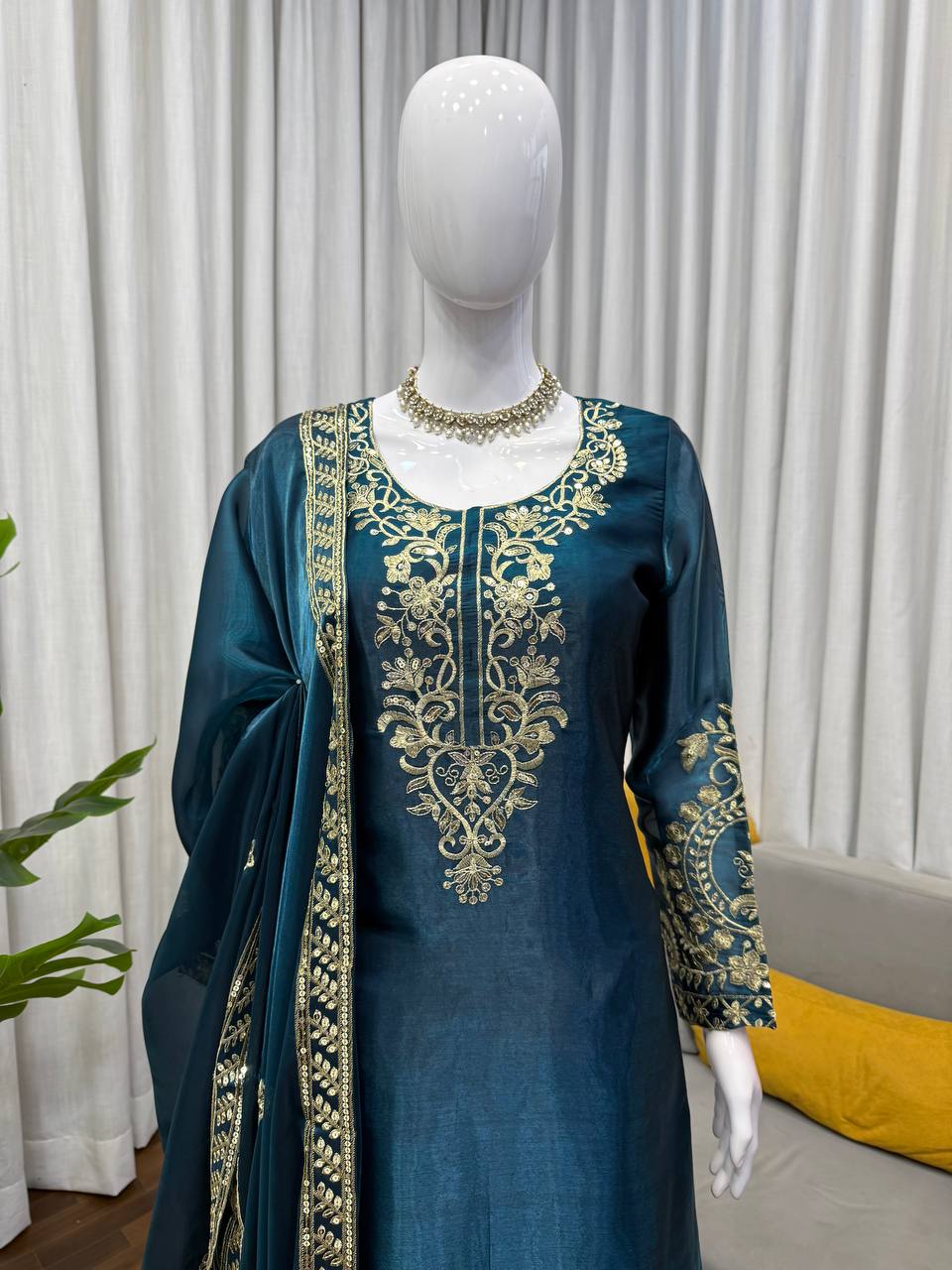 Wedding Wear Teal Color Silk Thread Work Palazzo Suit Set