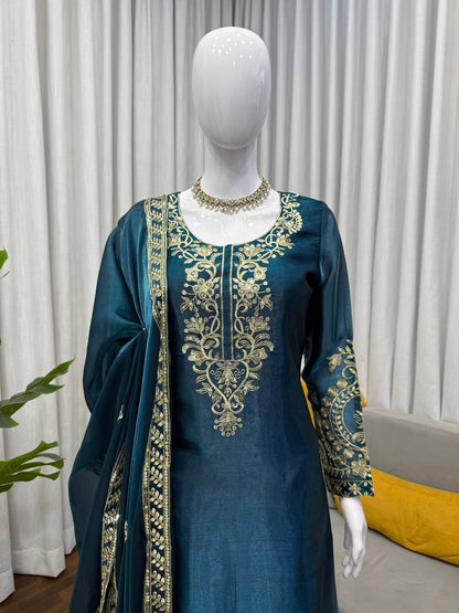Wedding Wear Teal Color Silk Thread Work Palazzo Suit Set