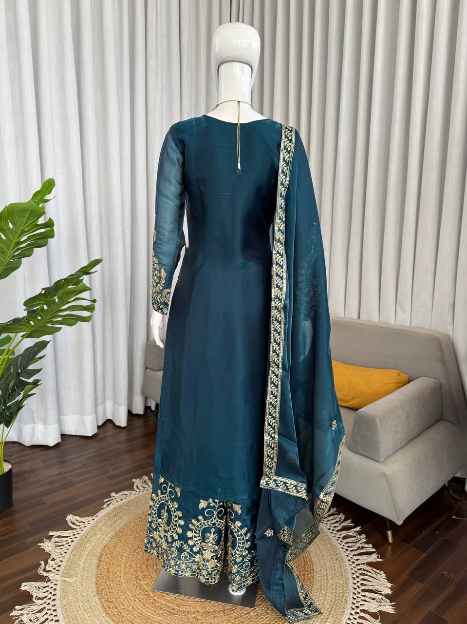Wedding Wear Teal Color Silk Thread Work Palazzo Suit Set