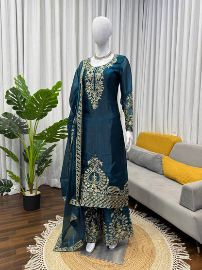 Wedding Wear Teal Color Silk Thread Work Palazzo Suit Set