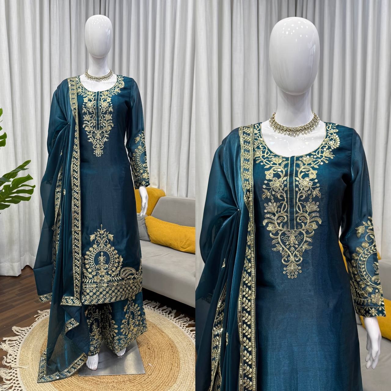 Wedding Wear Teal Color Silk Thread Work Palazzo Suit Set
