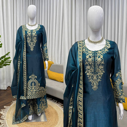 Wedding Wear Teal Color Silk Thread Work Palazzo Suit Set