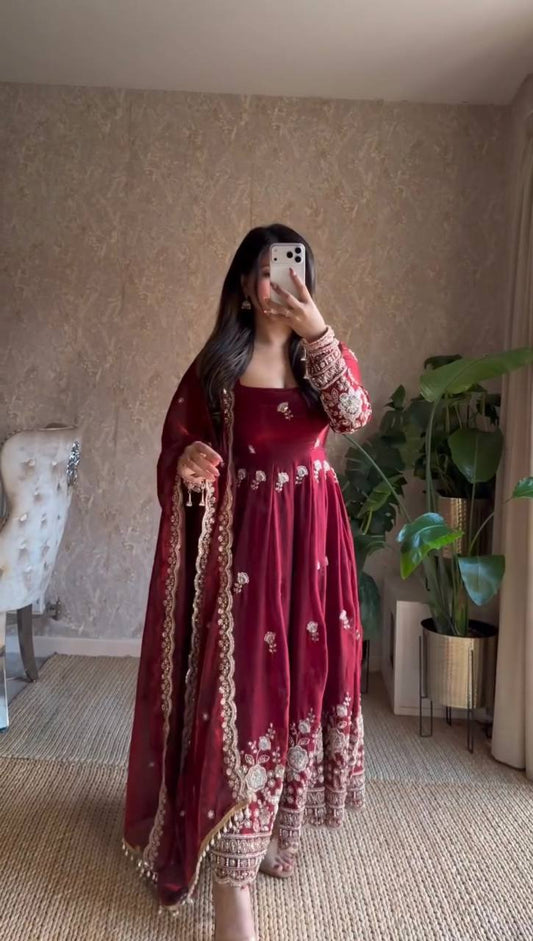 Festive Wear Maroon Color Fendy Silk Sequence Work Anarkali Set