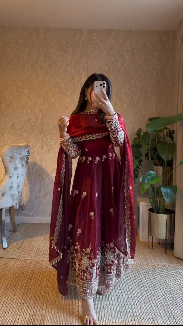 Festive Wear Maroon Color Fendy Silk Sequence Work Anarkali Set