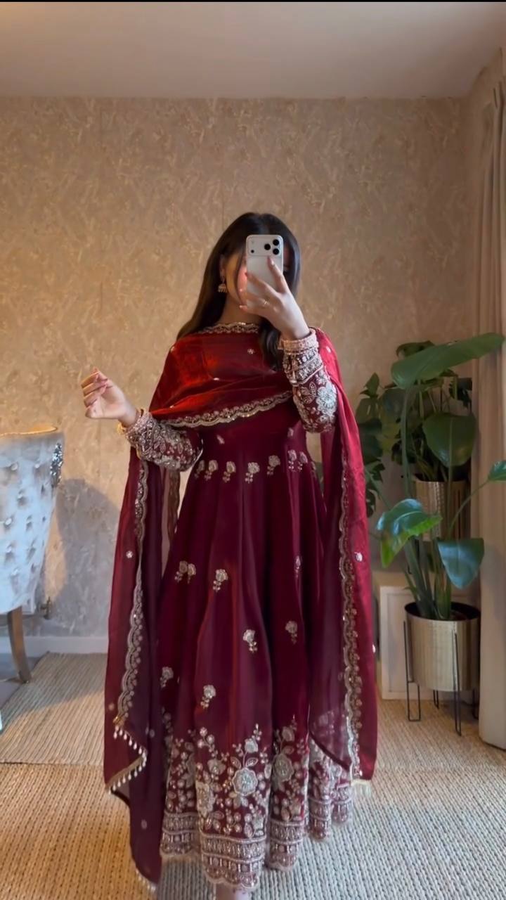 Festive Wear Maroon Color Fendy Silk Sequence Work Anarkali Set