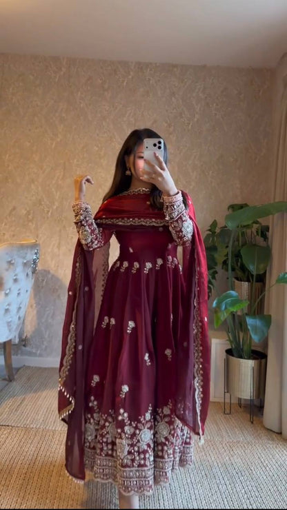Festive Wear Maroon Color Fendy Silk Sequence Work Anarkali Set