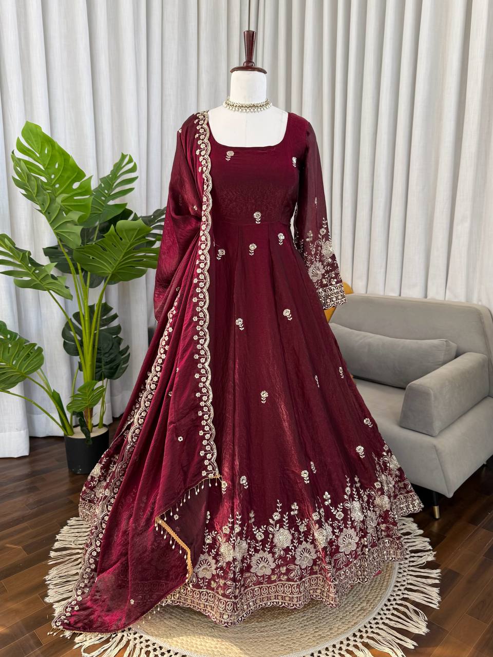 Festive Wear Maroon Color Fendy Silk Sequence Work Anarkali Set