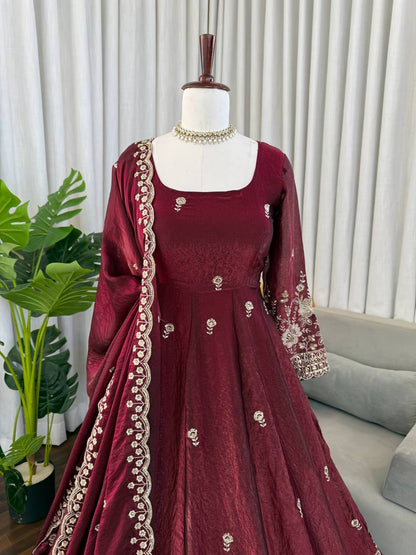 Festive Wear Maroon Color Fendy Silk Sequence Work Anarkali Set
