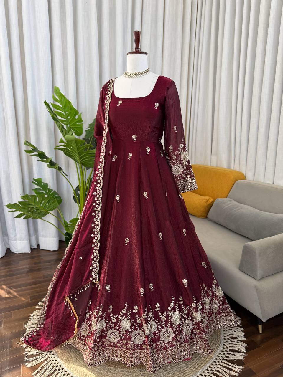 Festive Wear Maroon Color Fendy Silk Sequence Work Anarkali Set