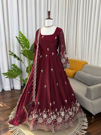 Festive Wear Maroon Color Fendy Silk Sequence Work Anarkali Set