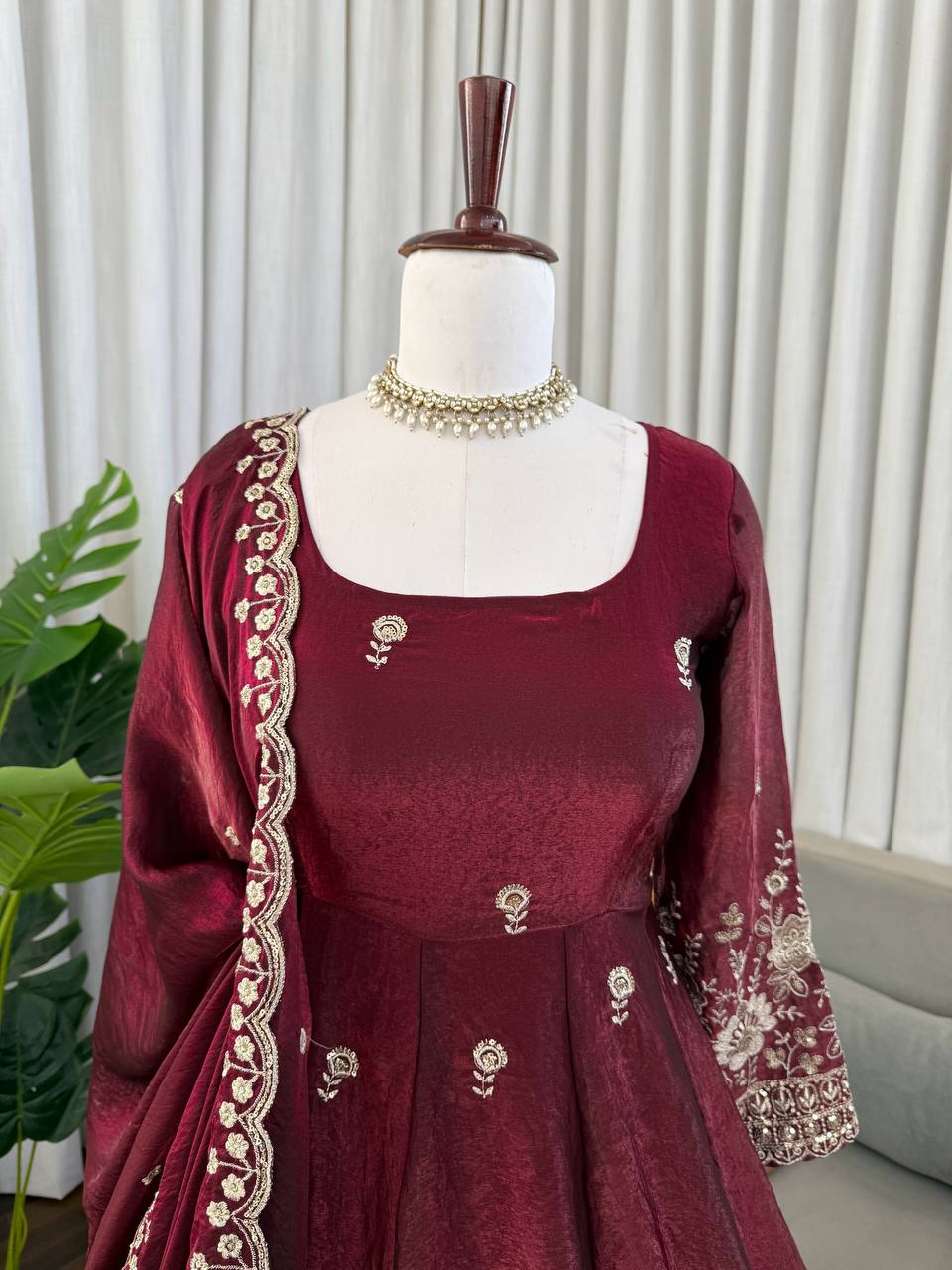 Festive Wear Maroon Color Fendy Silk Sequence Work Anarkali Set