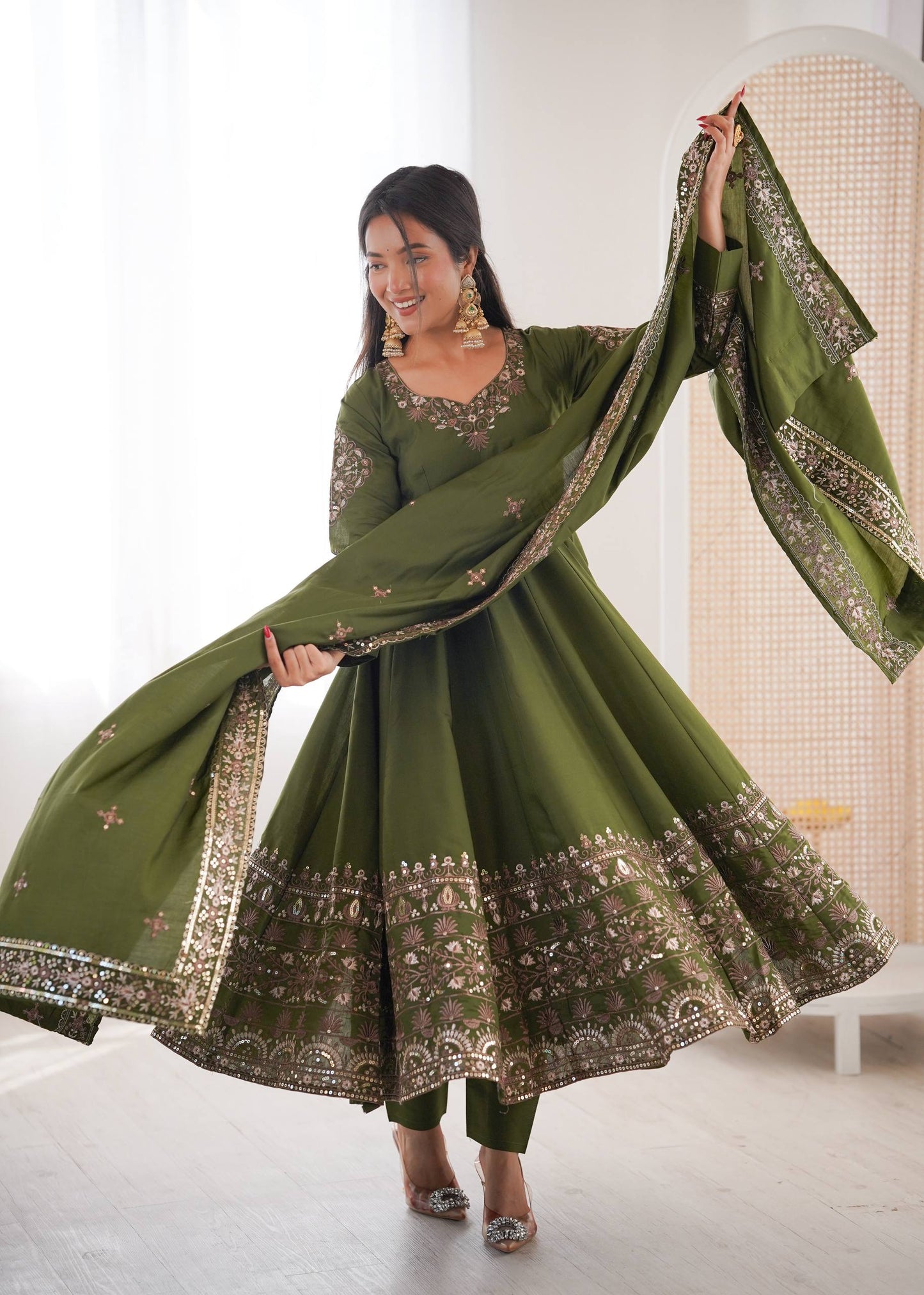 Sangeet Wear Green Color Sequence Embroidered Anarkali Suit With Dupatta