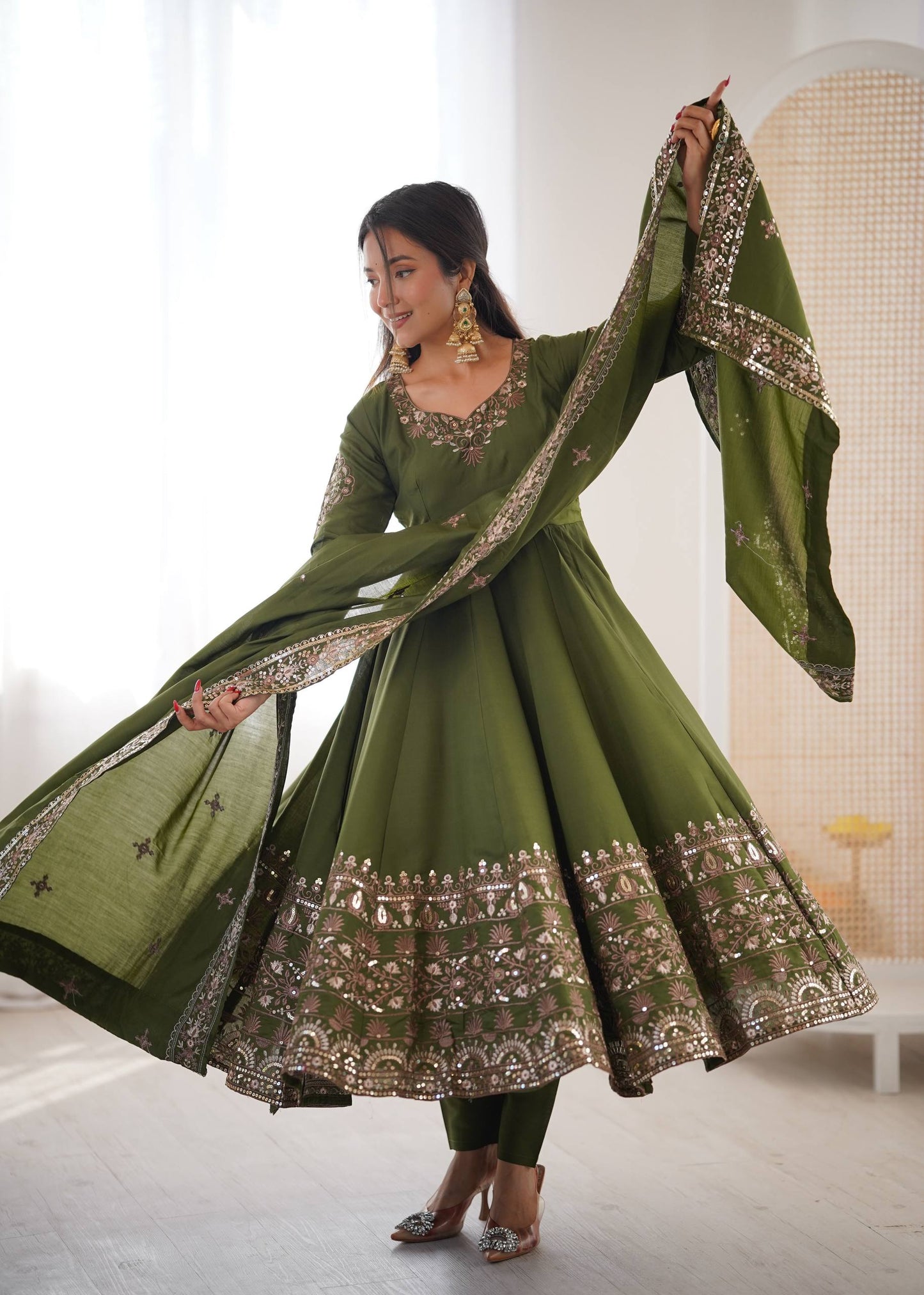 Sangeet Wear Green Color Sequence Embroidered Anarkali Suit With Dupatta