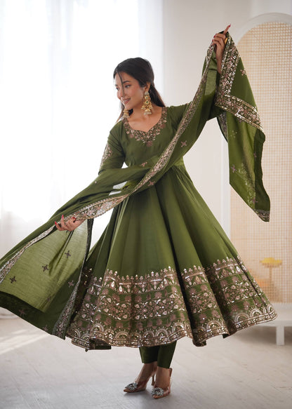 Sangeet Wear Green Color Sequence Embroidered Anarkali Suit With Dupatta