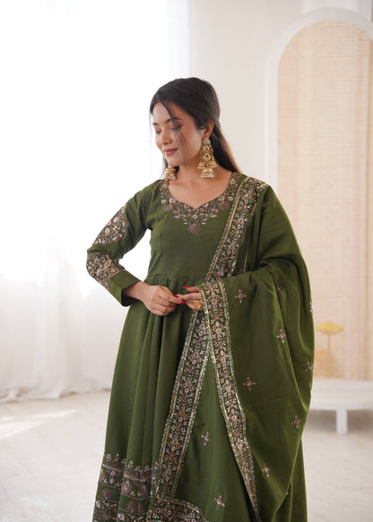 Sangeet Wear Green Color Sequence Embroidered Anarkali Suit With Dupatta
