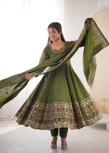 Sangeet Wear Green Color Sequence Embroidered Anarkali Suit With Dupatta
