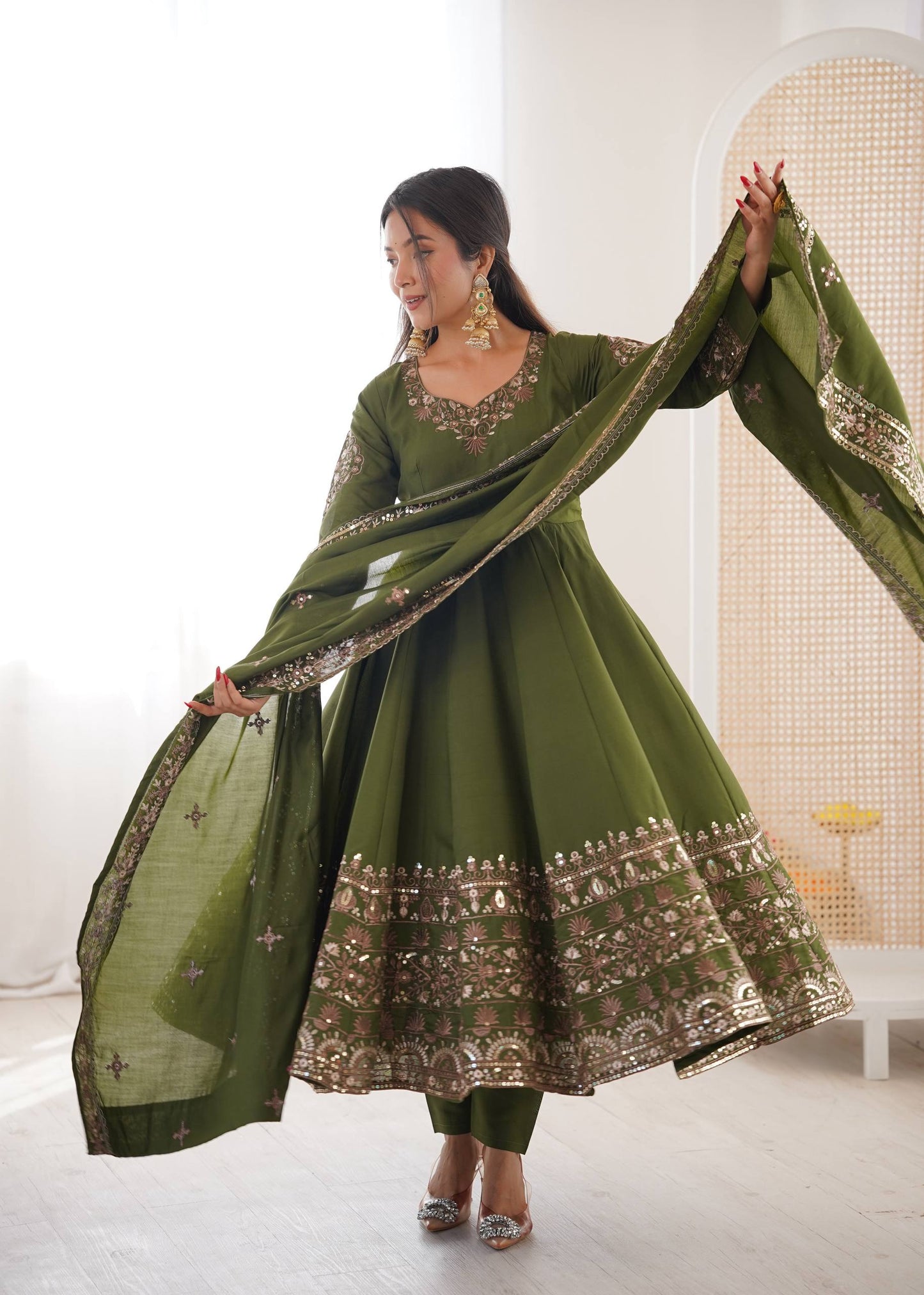 Sangeet Wear Green Color Sequence Embroidered Anarkali Suit With Dupatta