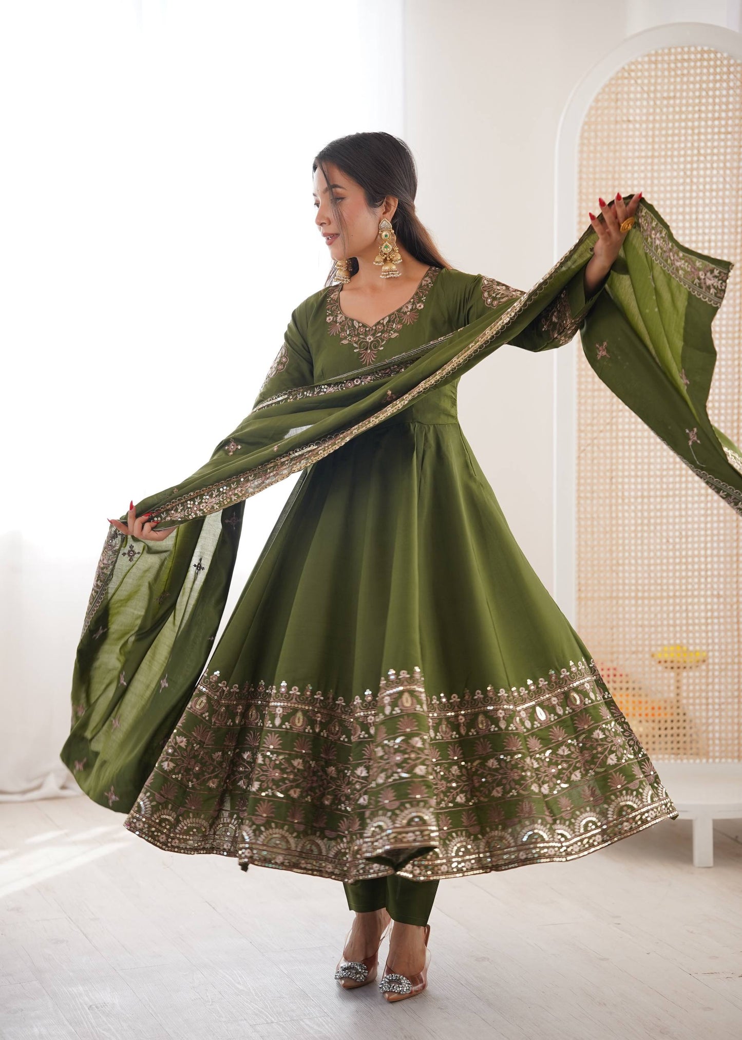Sangeet Wear Green Color Sequence Embroidered Anarkali Suit With Dupatta