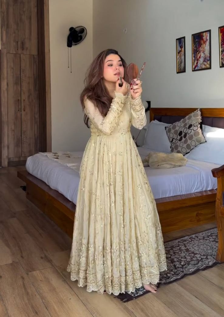 Wedding Wear Neha's Beige Color Crunchy Silk Anarkali Gown Set