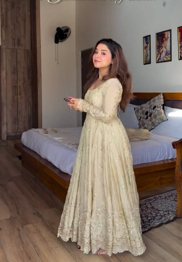 Wedding Wear Neha's Beige Color Crunchy Silk Anarkali Gown Set