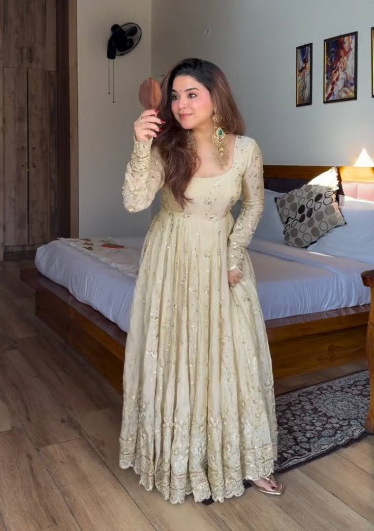Wedding Wear Neha's Beige Color Crunchy Silk Anarkali Gown Set