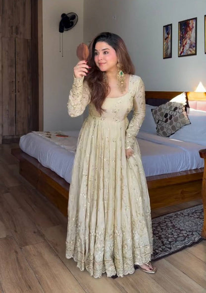 Wedding Wear Neha's Beige Color Crunchy Silk Anarkali Gown Set