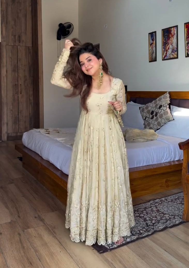 Wedding Wear Neha's Beige Color Crunchy Silk Anarkali Gown Set
