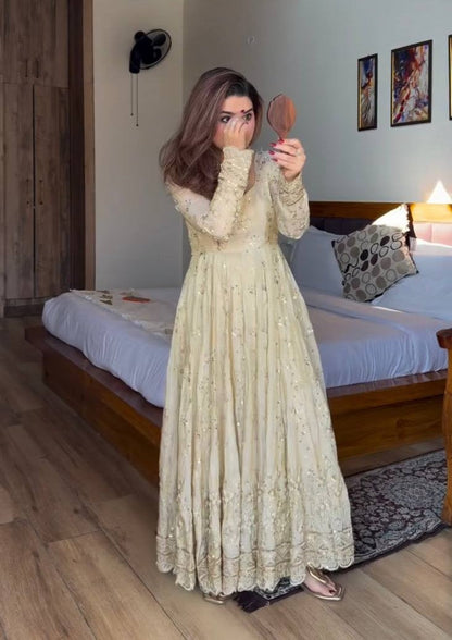 Wedding Wear Neha's Beige Color Crunchy Silk Anarkali Gown Set