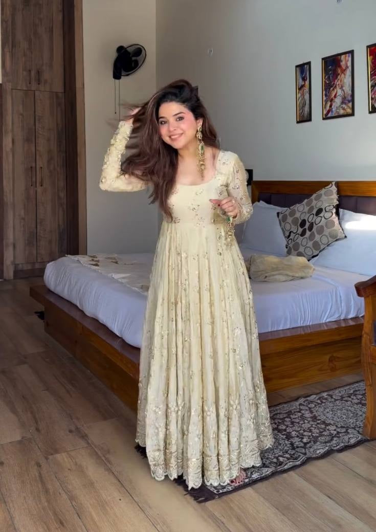 Wedding Wear Neha's Beige Color Crunchy Silk Anarkali Gown Set