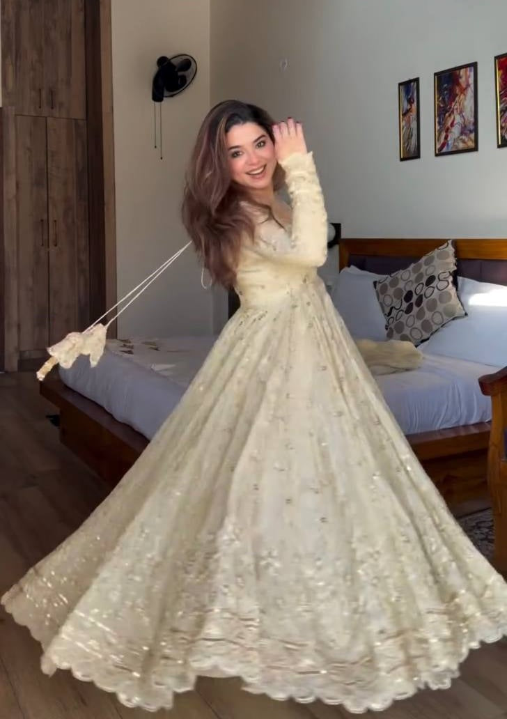 Wedding Wear Neha's Beige Color Crunchy Silk Anarkali Gown Set
