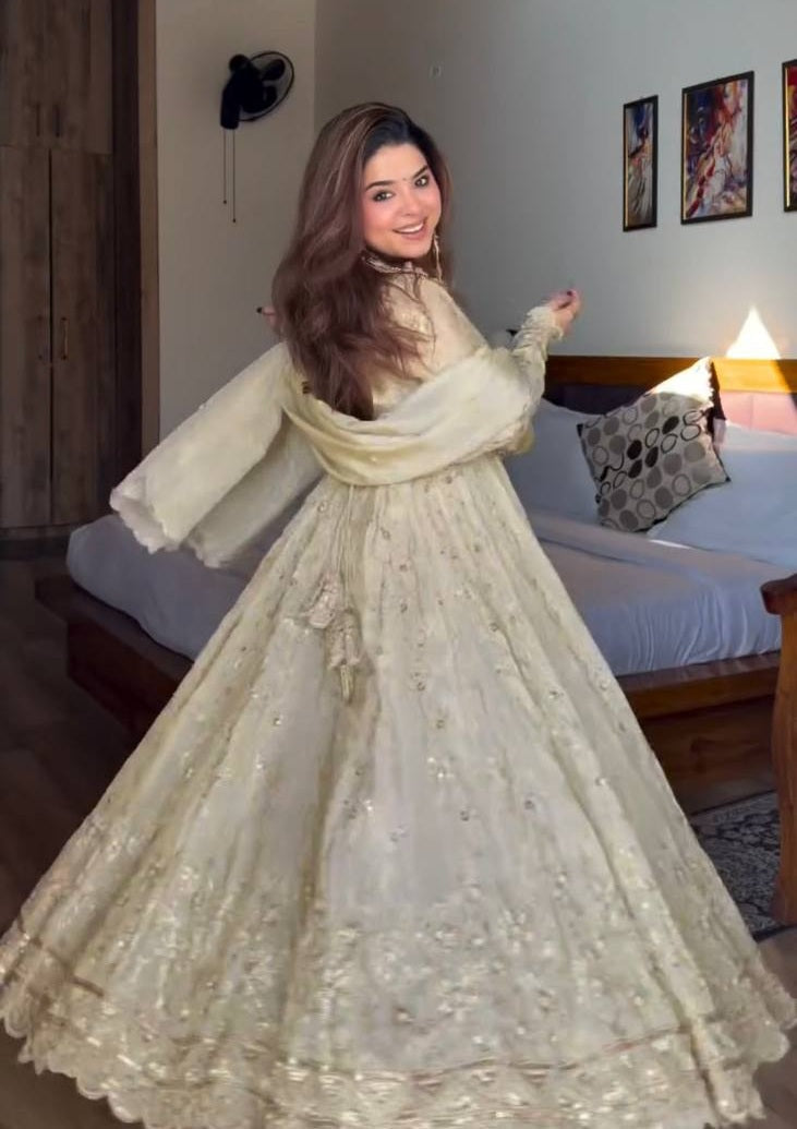 Wedding Wear Neha's Beige Color Crunchy Silk Anarkali Gown Set
