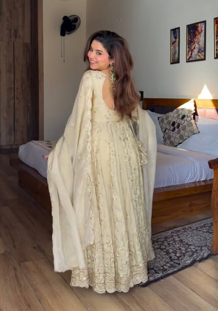 Wedding Wear Neha's Beige Color Crunchy Silk Anarkali Gown Set