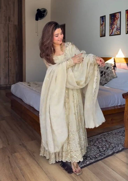 Wedding Wear Neha's Beige Color Crunchy Silk Anarkali Gown Set