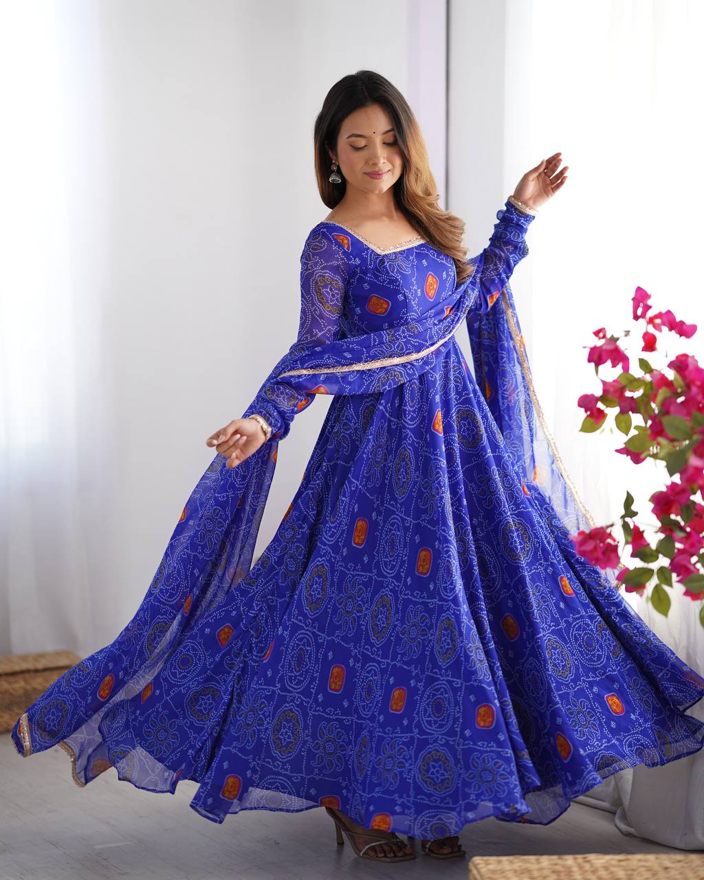 Festive Wear Royal Blue Color Pure Soft Lightweight Chiffon Bandhej Fabric Designer Gown