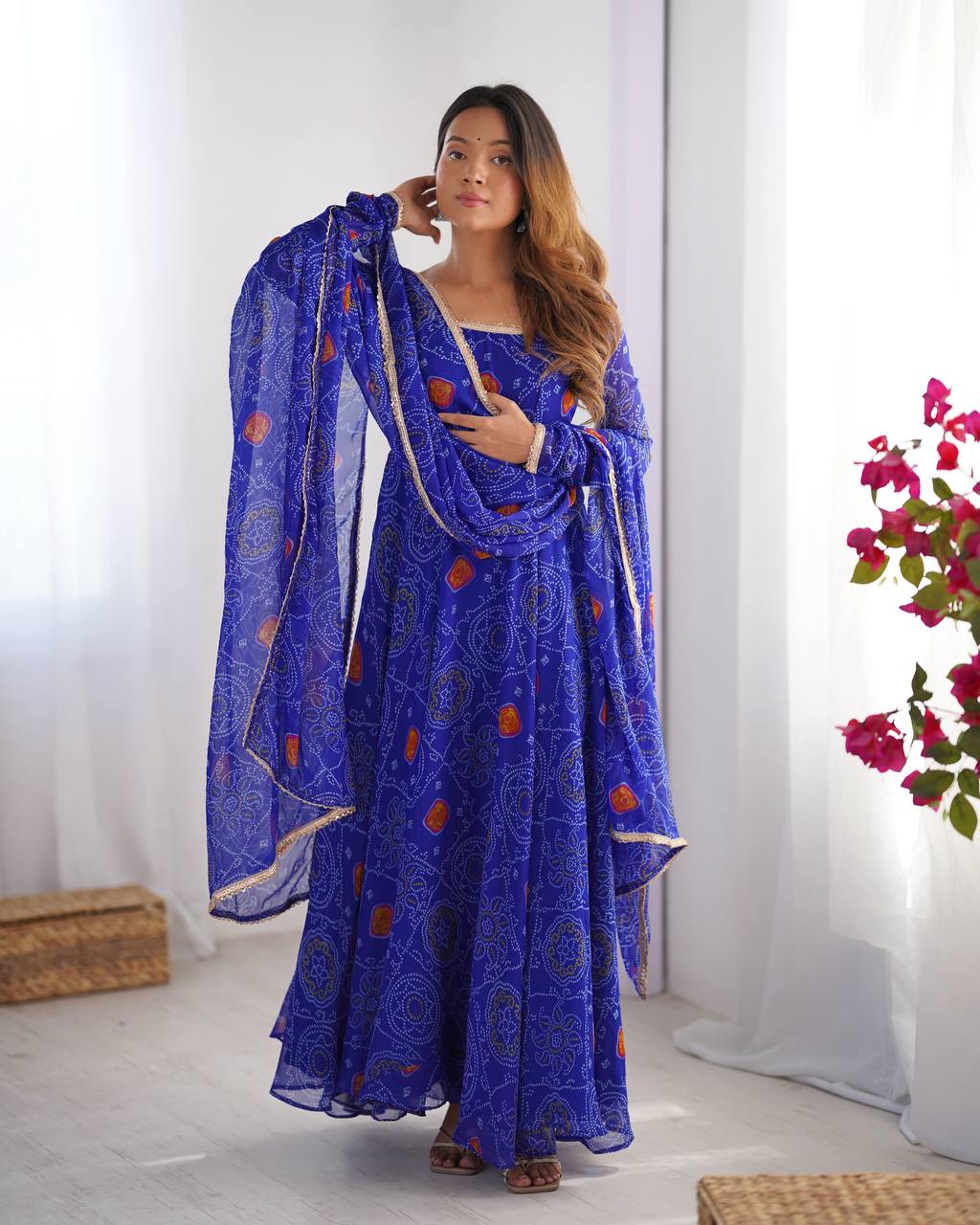 Festive Wear Royal Blue Color Pure Soft Lightweight Chiffon Bandhej Fabric Designer Gown