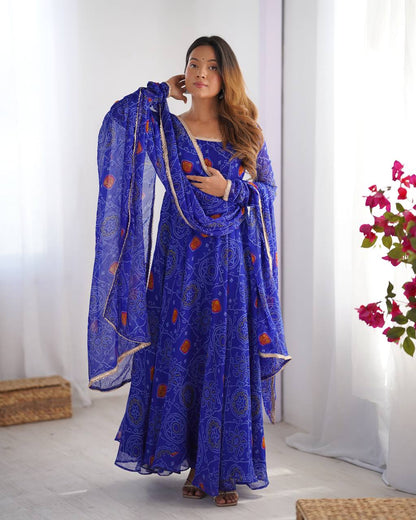 Festive Wear Royal Blue Color Pure Soft Lightweight Chiffon Bandhej Fabric Designer Gown