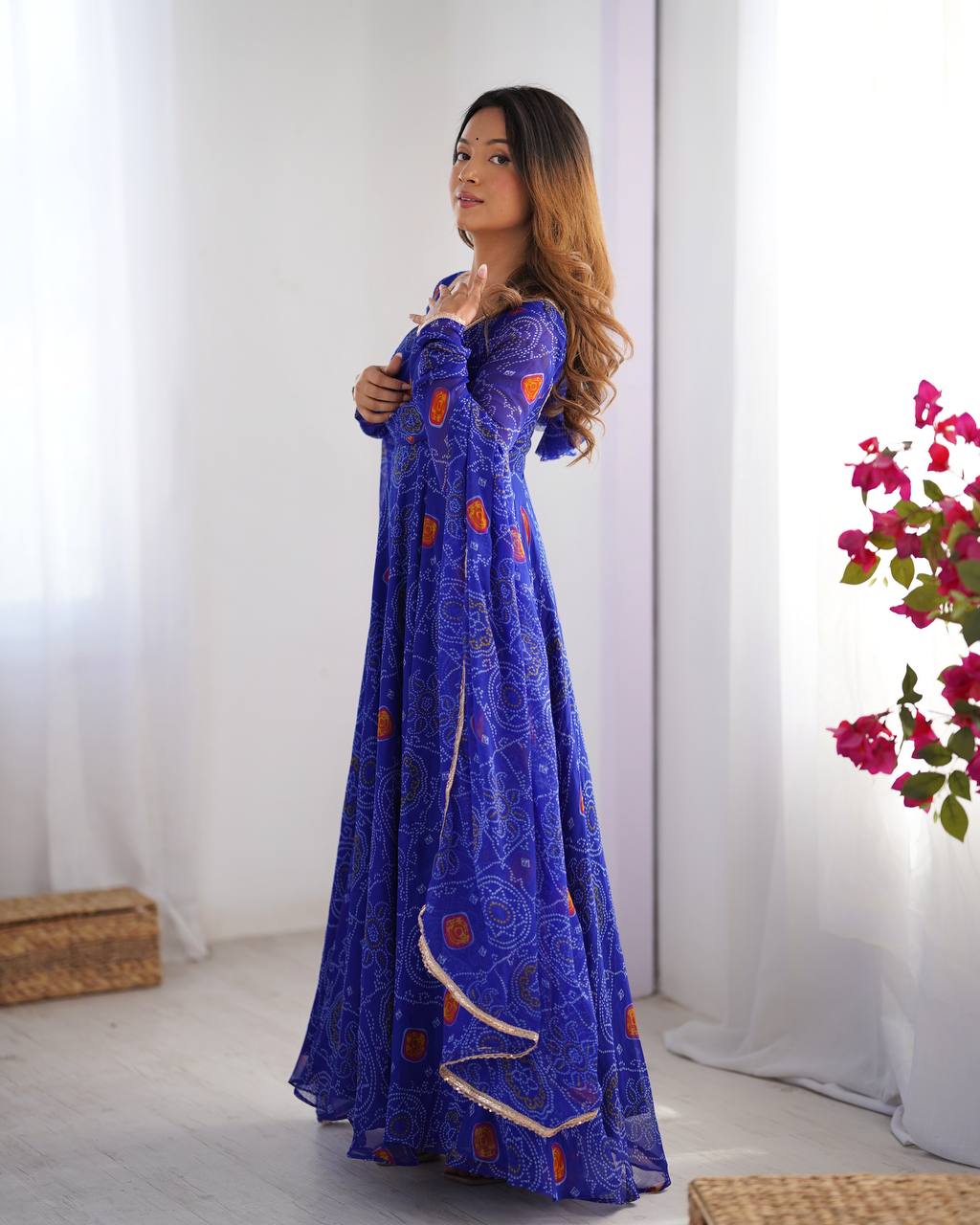 Festive Wear Royal Blue Color Pure Soft Lightweight Chiffon Bandhej Fabric Designer Gown