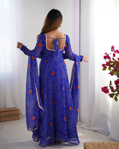 Festive Wear Royal Blue Color Pure Soft Lightweight Chiffon Bandhej Fabric Designer Gown