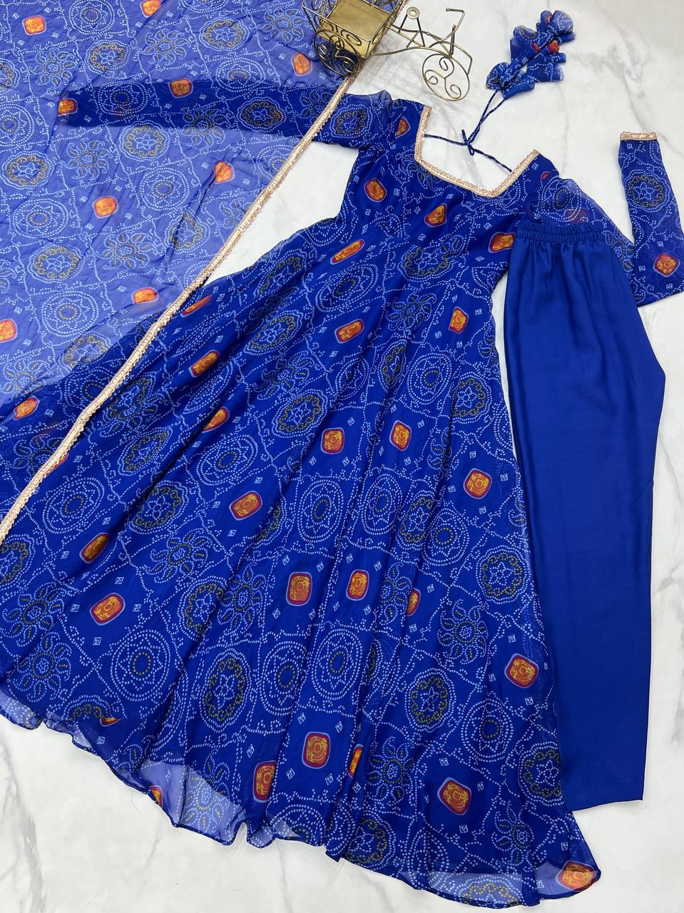 Festive Wear Royal Blue Color Pure Soft Lightweight Chiffon Bandhej Fabric Designer Gown