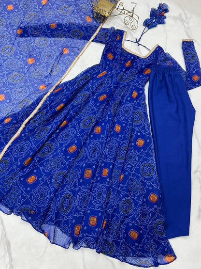 Festive Wear Royal Blue Color Pure Soft Lightweight Chiffon Bandhej Fabric Designer Gown