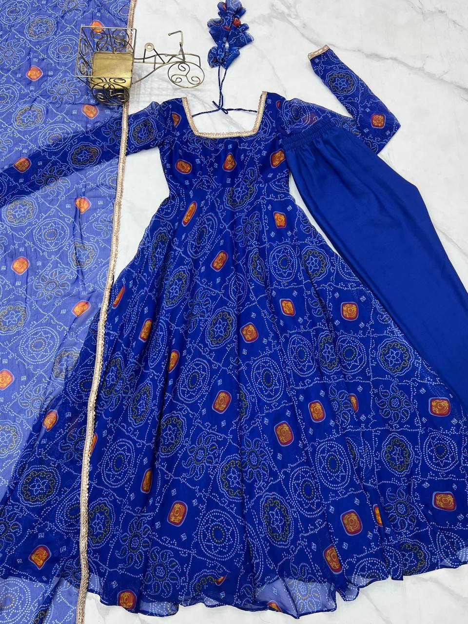 Festive Wear Royal Blue Color Pure Soft Lightweight Chiffon Bandhej Fabric Designer Gown