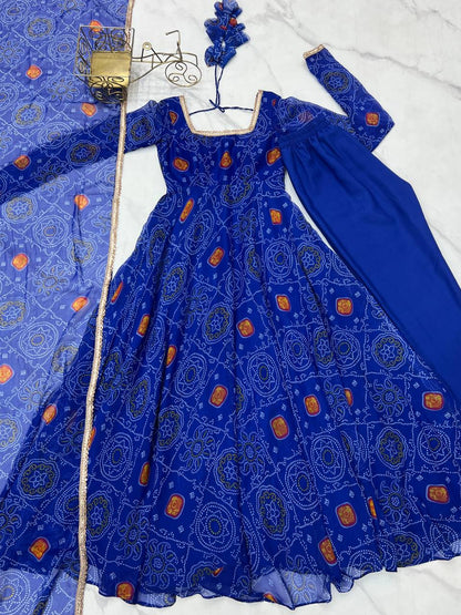 Festive Wear Royal Blue Color Pure Soft Lightweight Chiffon Bandhej Fabric Designer Gown