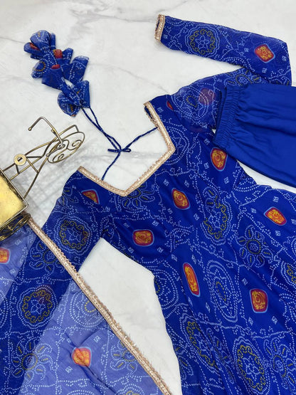 Festive Wear Royal Blue Color Pure Soft Lightweight Chiffon Bandhej Fabric Designer Gown