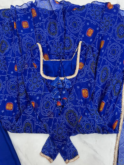 Festive Wear Royal Blue Color Pure Soft Lightweight Chiffon Bandhej Fabric Designer Gown