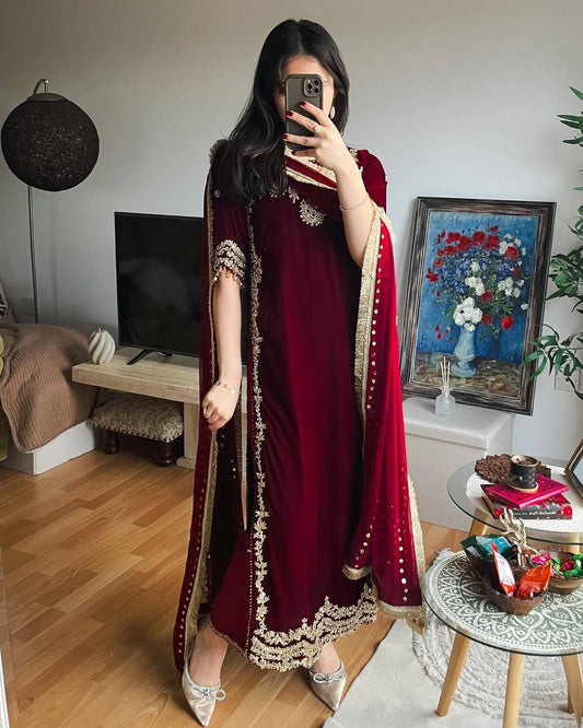 Maroon Color Embroidered Velvet Readymade Designer Salwar Suit