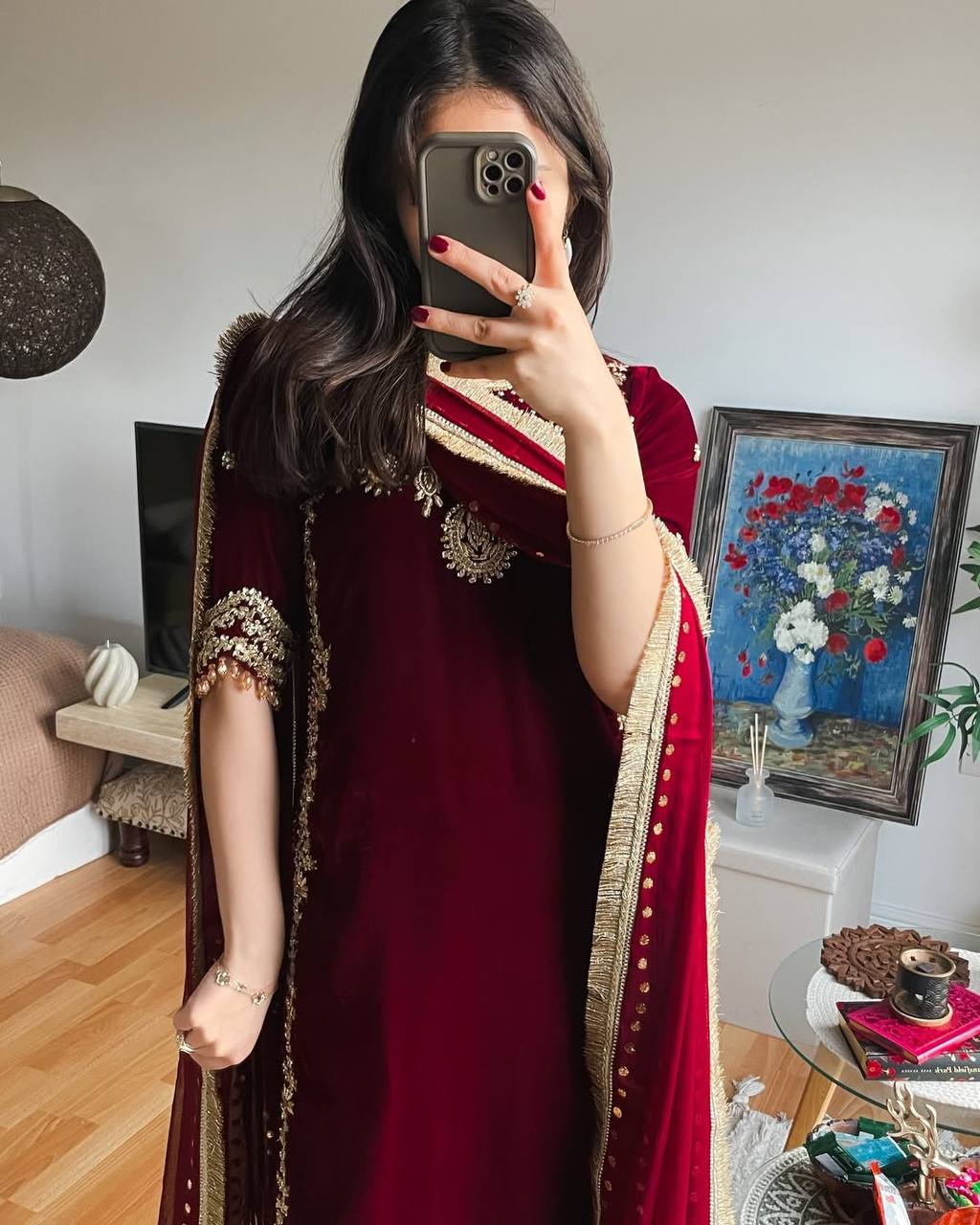 Maroon Color Embroidered Velvet Readymade Designer Salwar Suit