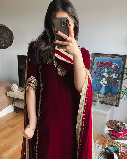 Maroon Color Embroidered Velvet Readymade Designer Salwar Suit