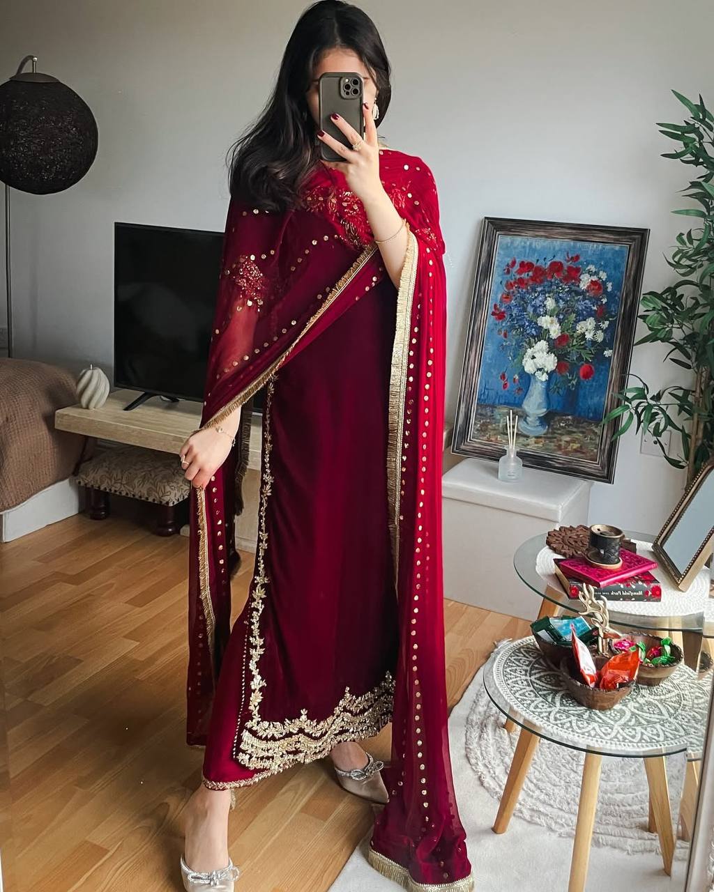 Maroon Color Embroidered Velvet Readymade Designer Salwar Suit