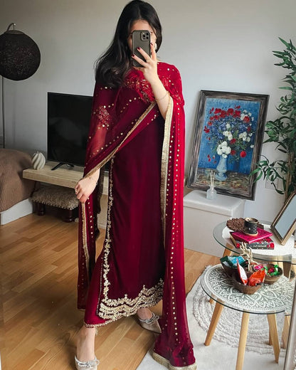 Maroon Color Embroidered Velvet Readymade Designer Salwar Suit