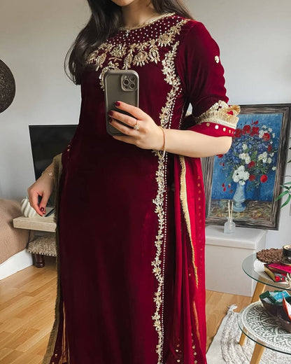 Maroon Color Embroidered Velvet Readymade Designer Salwar Suit